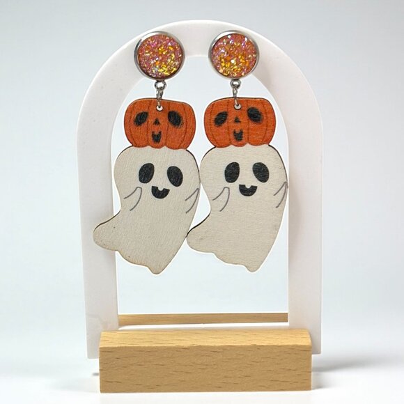 Pumpkin Ghost Wood Drop Earrings - Picture 1 of 3